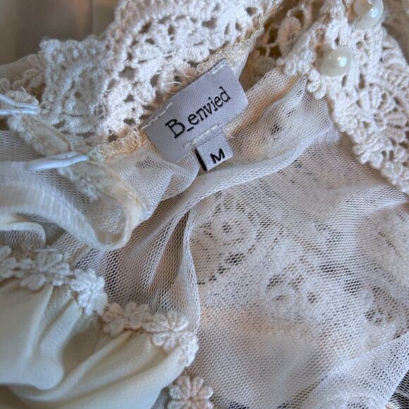 Boho Chic Crochet Lace Sheer Cottage Sleeveless Festival Coastal Cream Top MED - Picture 9 of 10